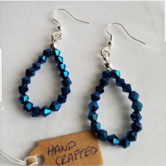 Swarovski Elements Teardrop Hoop Metallic Blue Earrings NWT - Picture 6 of 13